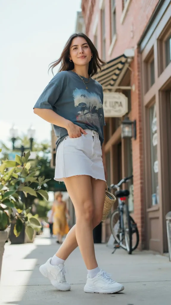 White-Denim-Mini-Skirt-With-Slate-Blue-Loose-Printed-Streetwear-Tee White Denim Mini Skirt With Slate Blue Loose Printed Streetwear Tee