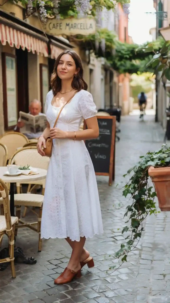 White-Eyelet-Cotton-Dress-with-Block-Heel-Mules White Eyelet Cotton Dress with Block Heel Mules