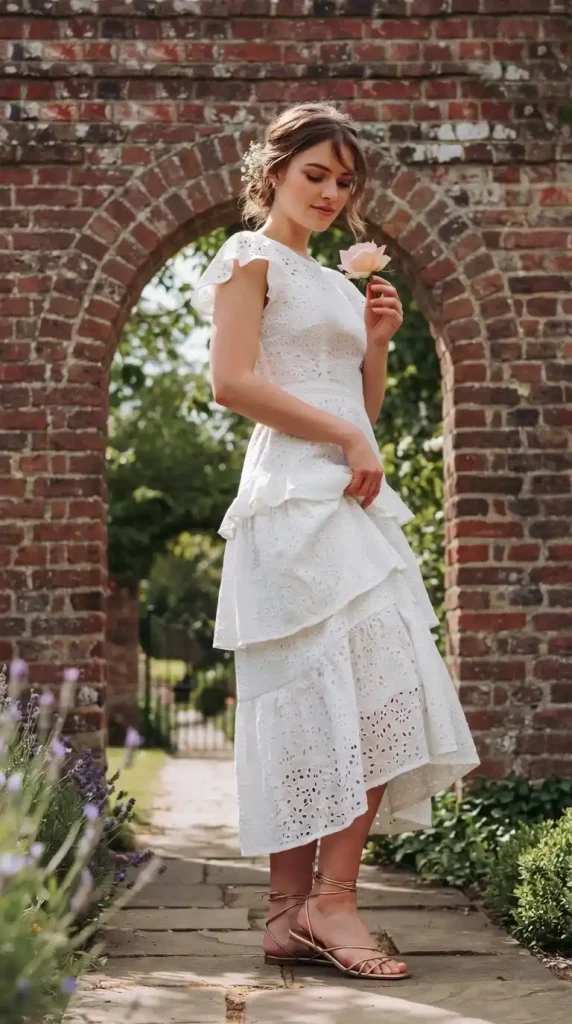 White Eyelet Dress With Layered Skirt & Gold Strappy Sandals