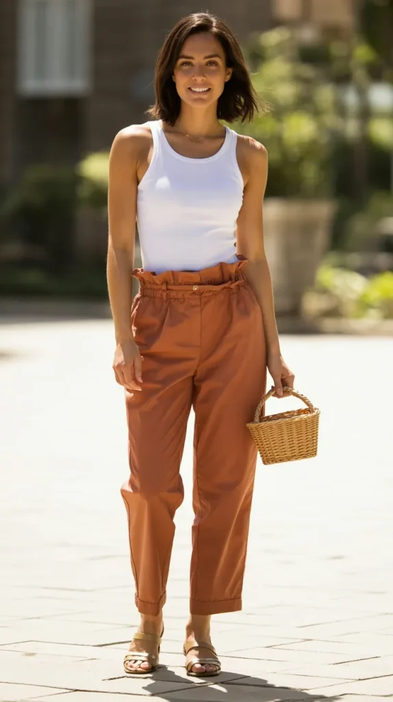 White-Fitted-Tank-Top-Rusty-Paperbag-Trousers White Fitted Tank Top & Rusty Paperbag Trousers