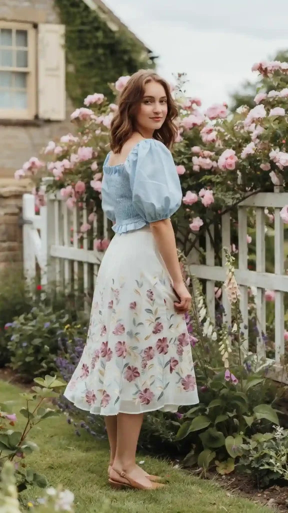 White-Floral-Midi-Skirt-with-Soft-Blue-Puff-Sleeve-Blouse White Floral Midi Skirt with Soft-Blue Puff Sleeve Blouse