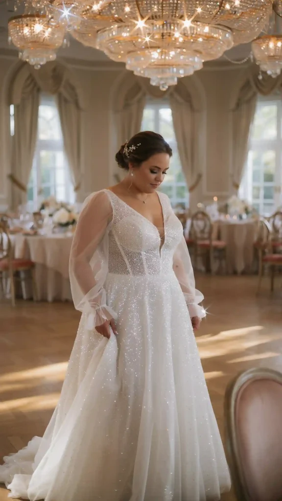 White-Glitter-Tulle-V-Neck-Bridal-Dress-With-Sparkles-Throughout-Bodice-and-Skirt White Glitter Tulle V Neck Bridal Dress With Sparkles Throughout Bodice and Skirt
