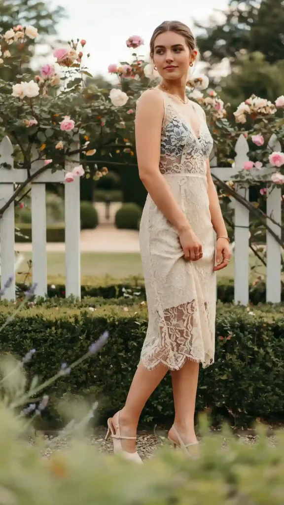 White Lace Dress With Navy Slip With Gold Jewellery & Nude Heels