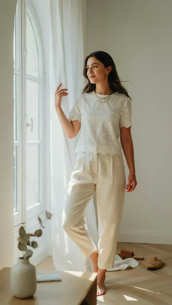 White-Lace-Short-Sleeve-Blouse-With-Linen-Pants White Lace Short Sleeve Blouse With Linen Pants