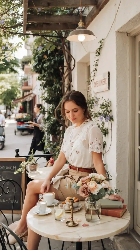 White-Lace-Top-with-High-Waist-Tailored-Tan-Shorts White Lace Top with High-Waist Tailored Tan Shorts