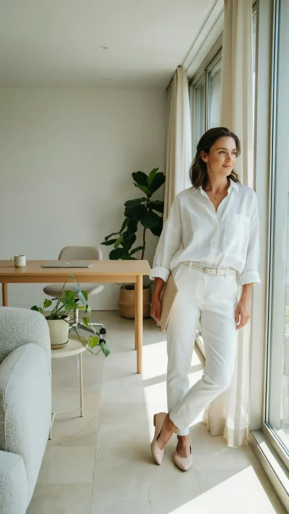 White-Linen-Shirt-And-Trousers-Polished-Summer-Office-Look White Linen Shirt And Trousers Polished Summer Office Look
