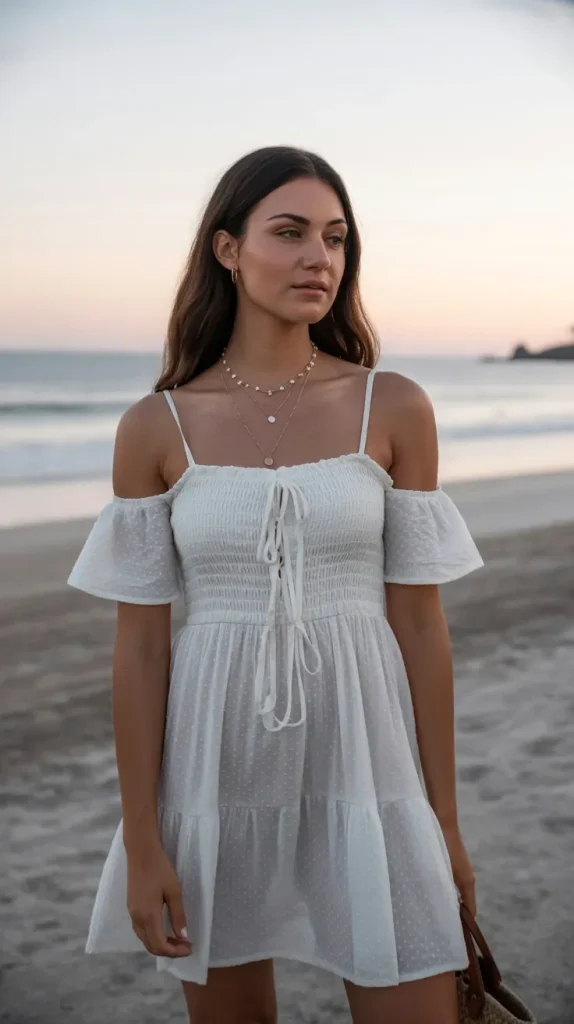 White-Off-Shoulder-Beach-Dress-Look White Off-Shoulder Beach Dress Look