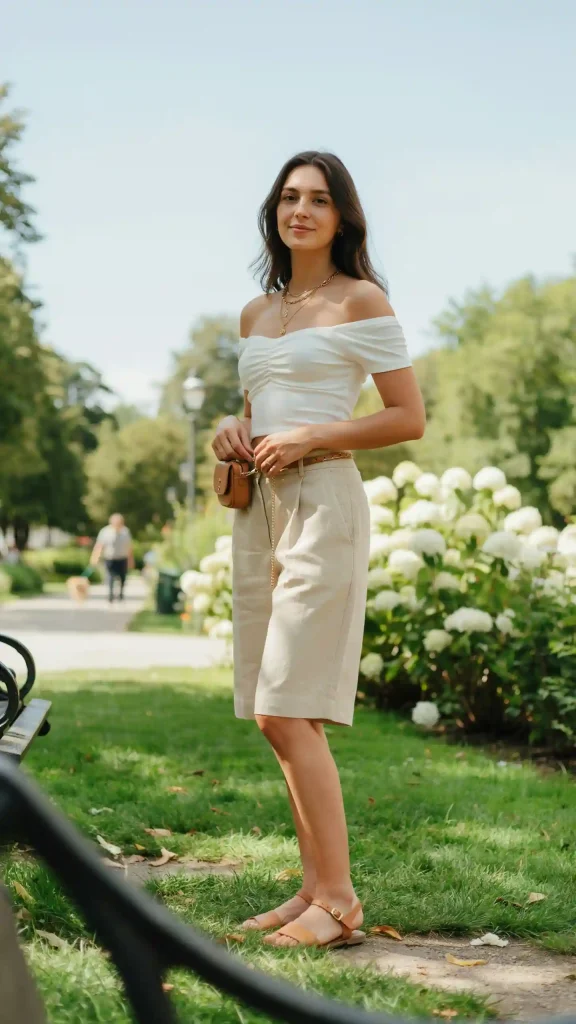 White-Off-Shoulder-Crop-Top-With-Beige-Linen-Wide-Leg-Shorts White Off-Shoulder Crop Top With Beige Linen Wide-Leg Shorts