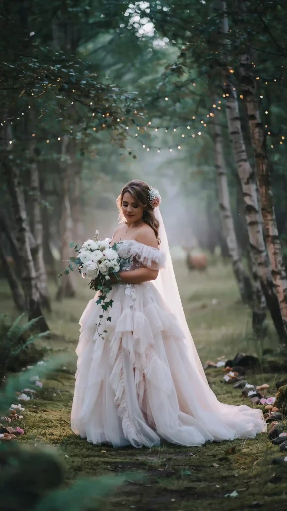 White-Off-Shoulder-Layered-Tulle-Gown-With-Multiple-Flowing-Layers White Off-Shoulder Layered Tulle Gown With Multiple Flowing Layers