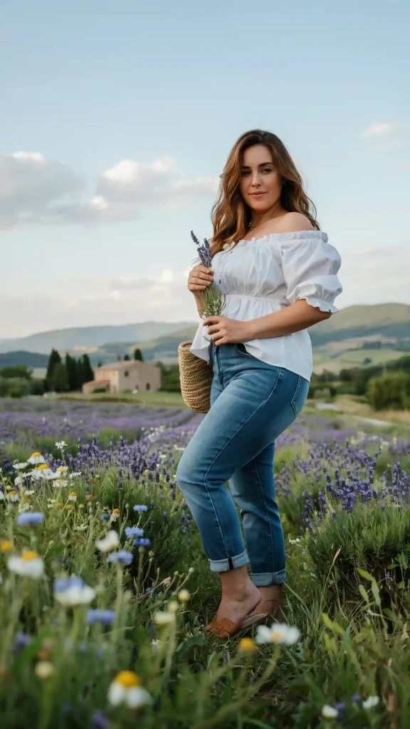 White-Off-Shoulder-Peasant-Blouse-and-Medium-Wash-Jeans White Off-Shoulder Peasant Blouse and Medium Wash Jeans