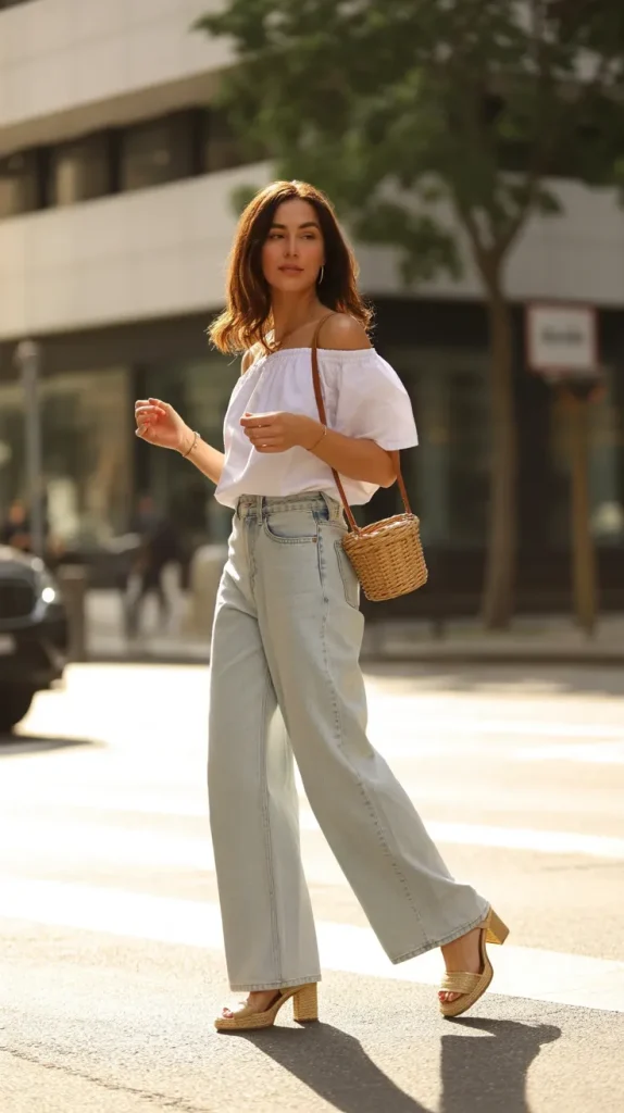 White-Off-Shoulder-Top-Light-Wash-Wide-Leg-Jeans White Off-Shoulder Top & Light Wash Wide-Leg Jeans