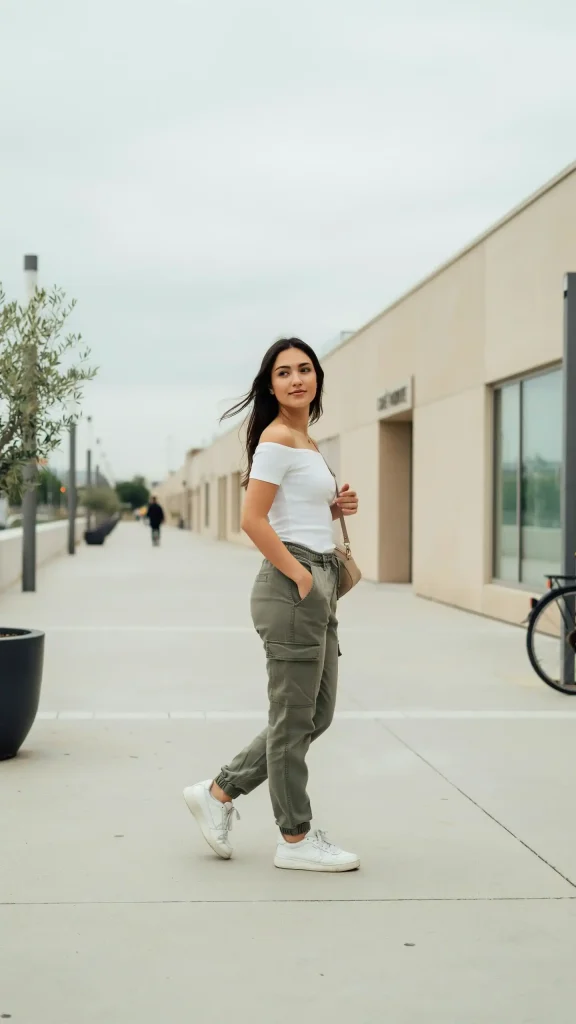 White-Off-Shoulder-Top-and-Olive-Cargo-Pants White Off-Shoulder Top and Olive Cargo Pants