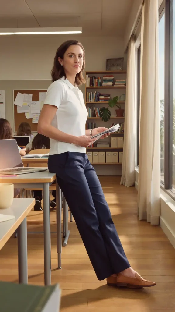 White-Polo-Navy-Straight-Pants-Teacher-Outfit White Polo Navy Straight Pants Teacher Outfit