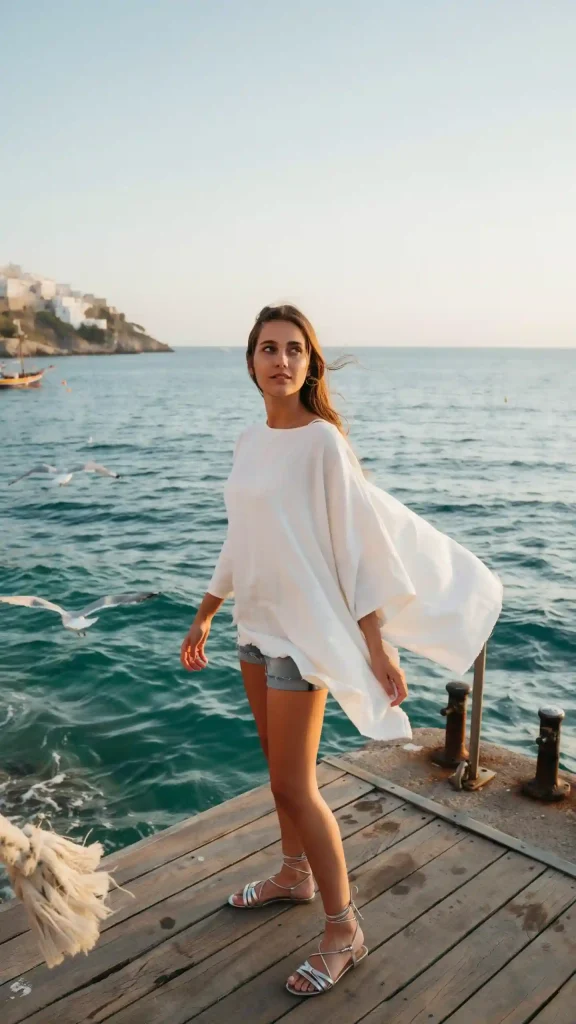 White-Poncho-with-Denim-Shorts-and-Strappy-Sandals-Summer White Poncho with Denim Shorts and Strappy Sandals Summer