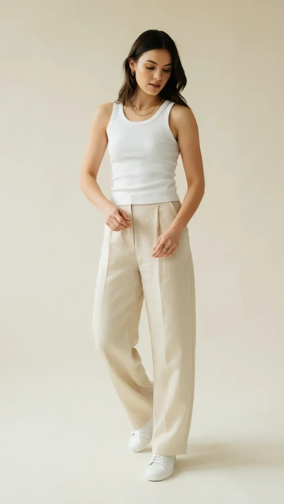 White-Ribbed-Tank-Top-with-Beige-Linen-Wide-Leg-Pants White Ribbed Tank Top with Beige Linen Wide-Leg Pants