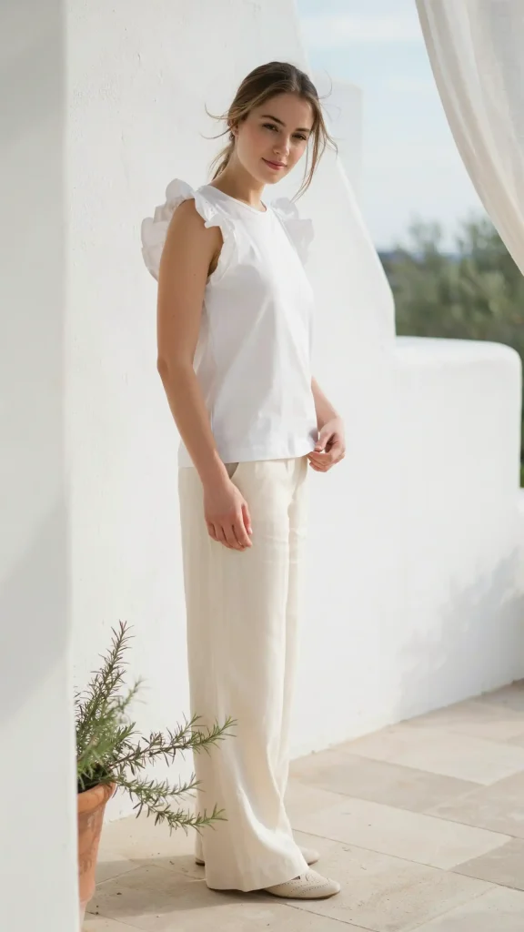 White-Ruffle-Top-and-Wide-Leg-Pants White Ruffle Top and Wide-Leg Pants