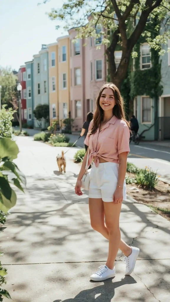 White-Shorts-With-a-Baby-Pink-Button-Up-Shirt-and-Sneakers White Shorts With a Baby Pink Button-Up Shirt and Sneakers