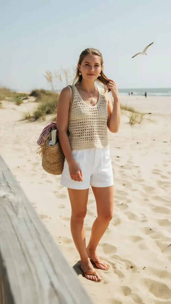 White-Shorts-With-a-Beige-Crochet-Top-and-Beach-Sandals White Shorts With a Beige Crochet Top and Beach Sandals