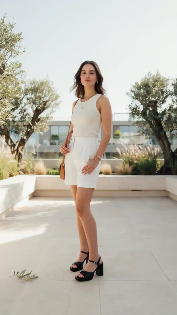 White-Shorts-With-a-Beige-Ribbed-Tank-Top-and-Platform-Sandals White Shorts With a Beige Ribbed Tank Top and Platform Sandals