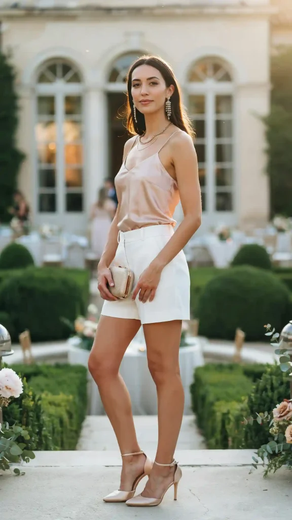 White-Shorts-With-a-Blush-Pink-Satin-Cami-Top-and-Wedge-Heels White Shorts With a Blush Pink Satin Cami Top and Wedge Heels