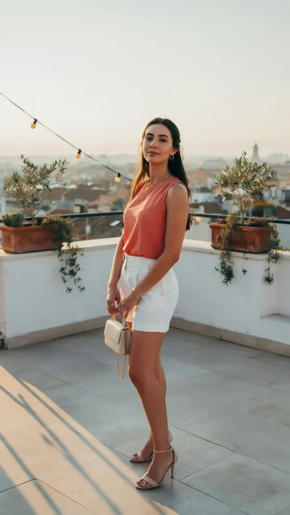 White-Shorts-With-a-Coral-Sleeveless-Blouse-and-Wedge-Sandals White Shorts With a Coral Sleeveless Blouse and Wedge Sandals