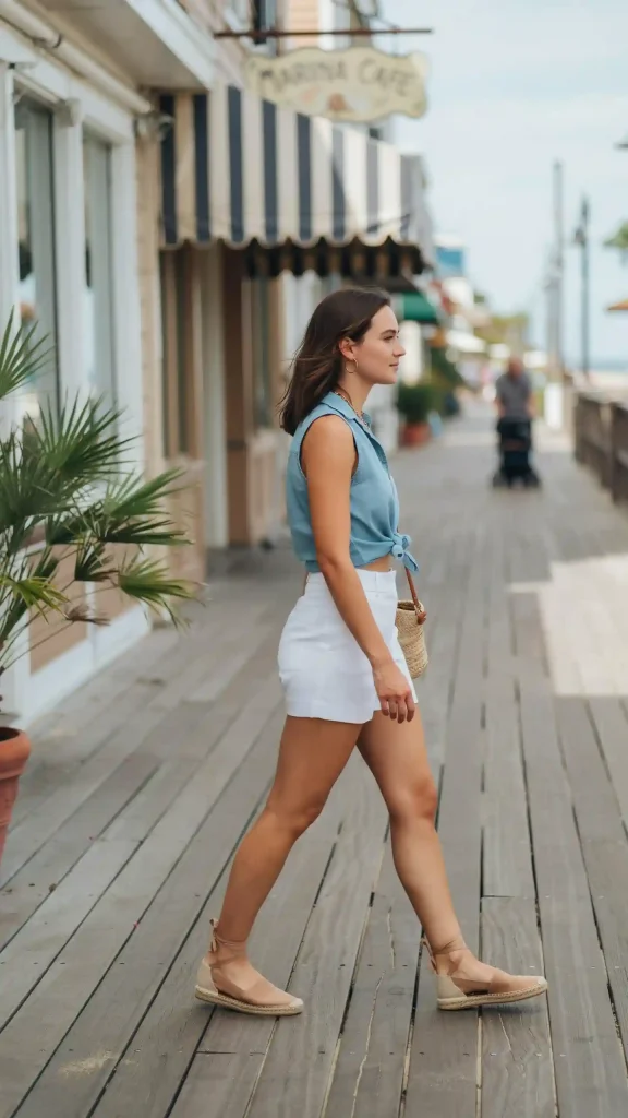 White-Shorts-With-a-Light-Blue-Sleeveless-Chambray-Top-and-Espadrilles White Shorts With a Light Blue Sleeveless Chambray Top and Espadrilles