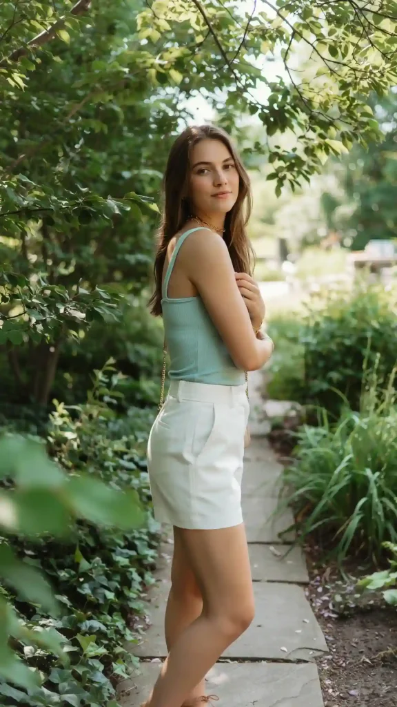 White-Shorts-With-a-Mint-Green-Cami-and-Layered-Necklaces White Shorts With a Mint Green Cami and Layered Necklaces