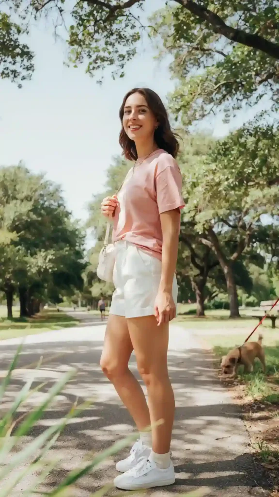 White-Shorts-With-a-Pastel-Pink-Tee-and-White-Sneakers White Shorts With a Pastel Pink Tee and White Sneakers