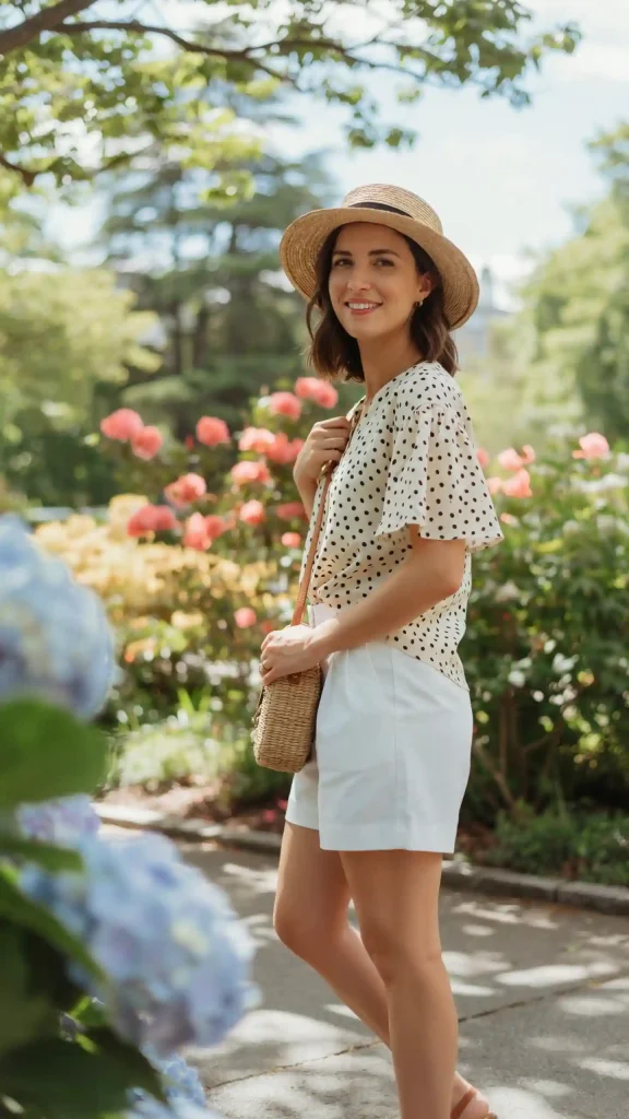 White-Shorts-With-a-Polka-Dot-Blouse-and-Straw-Hat White Shorts With a Polka Dot Blouse and Straw Hat