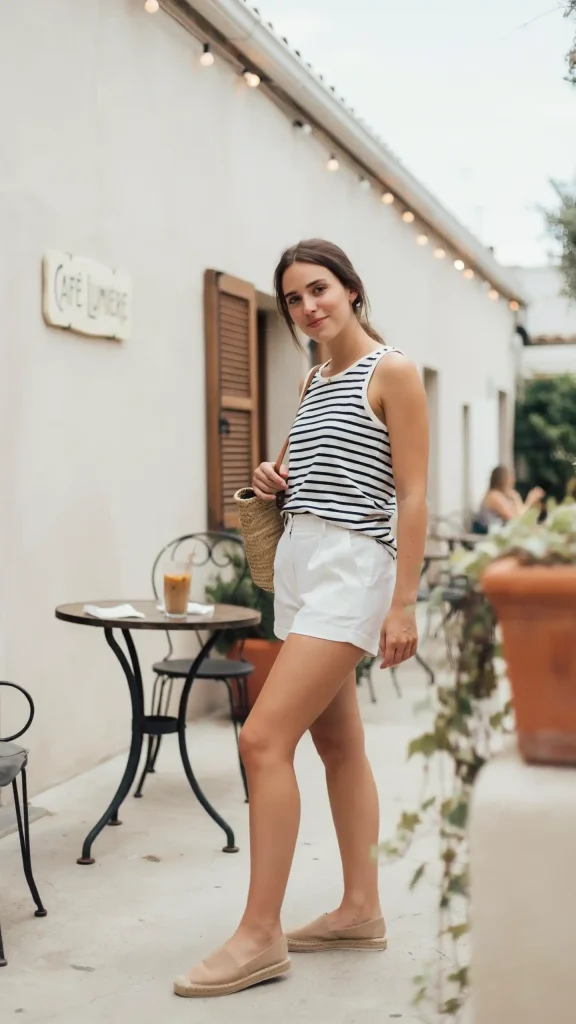 White-Shorts-With-a-Striped-Tank-Top-and-Espadrille-Flats White Shorts With a Striped Tank Top and Espadrille Flats