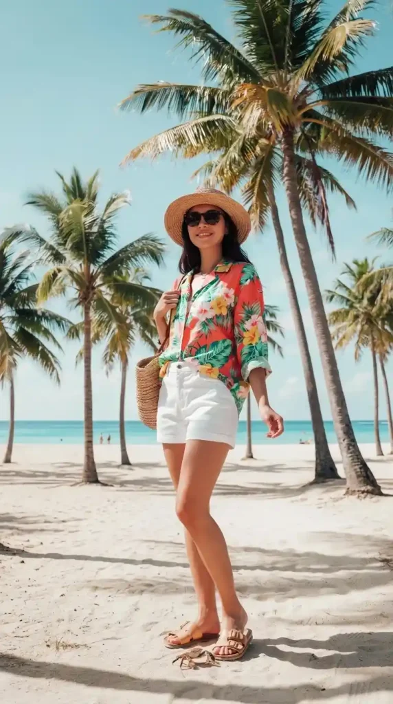 White-Shorts-With-a-Tropical-Print-Shirt-and-Slide-Sandals White Shorts With a Tropical Print Shirt and Slide Sandals