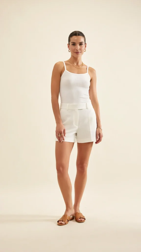 White-Shorts-With-a-White-Bodysuit-and-Tan-Slide-Sandals White Shorts With a White Bodysuit and Tan Slide Sandals