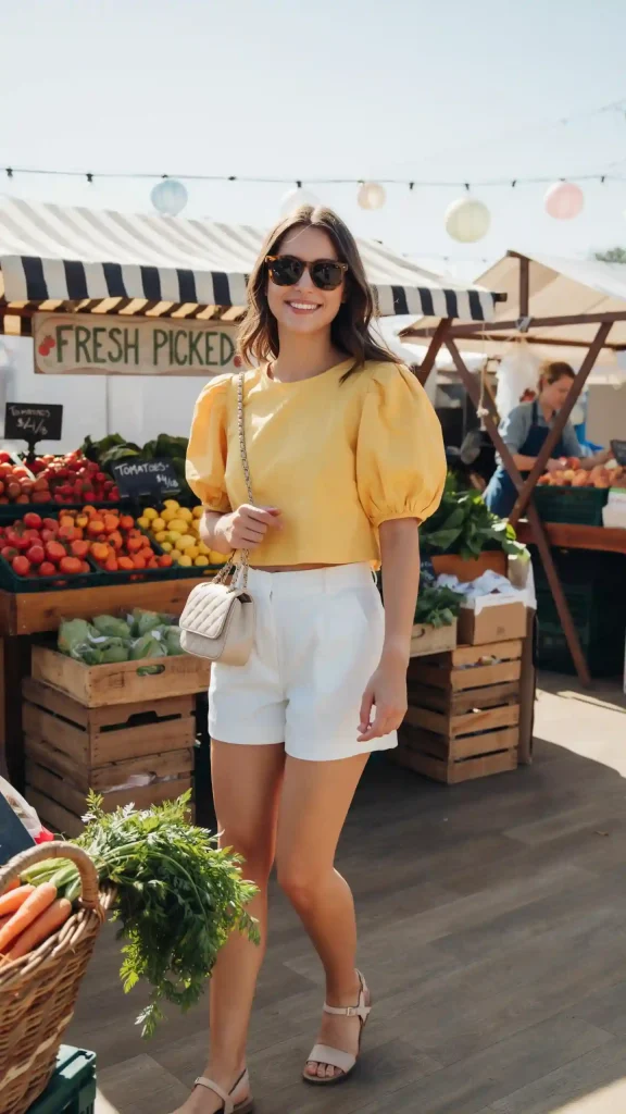 White-Shorts-With-a-Yellow-Puff-Sleeve-Top-and-Nude-Sandals White Shorts With a Yellow Puff Sleeve Top and Nude Sandals