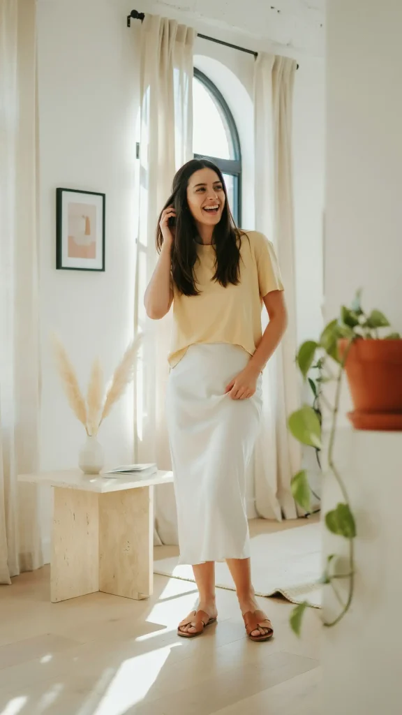 White-Slip-Skirt-Worn-with-a-Butter-Yellow-Tee-and-Nude-Sandals White Slip Skirt Worn with a Butter Yellow Tee and Nude Sandals