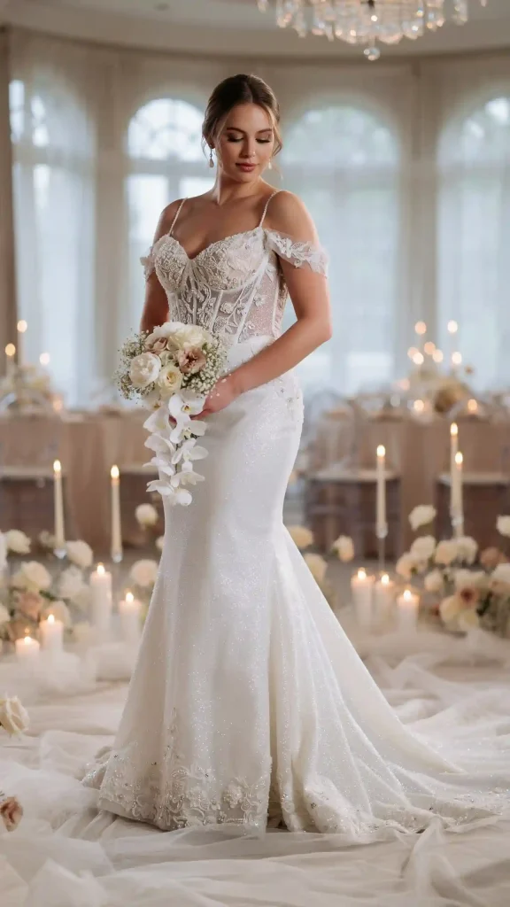 White-Sparkly-Corset-Mermaid-Wedding-Dress-Ensemble White Sparkly Corset Mermaid Wedding Dress Ensemble