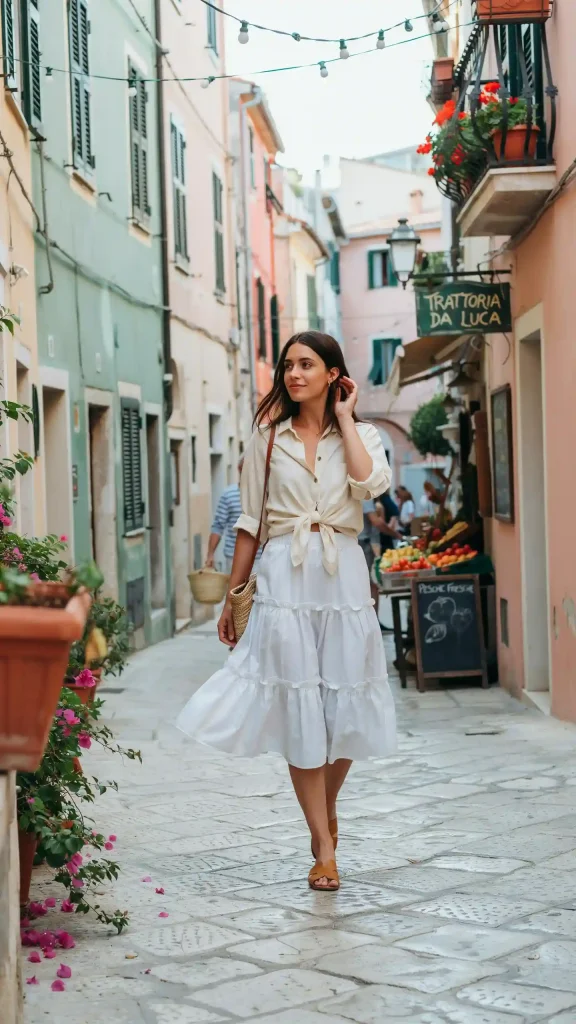 White-Tiered-Midi-Skirt-With-A-Button-Down-Shirt White Tiered Midi Skirt With A Button-Down Shirt