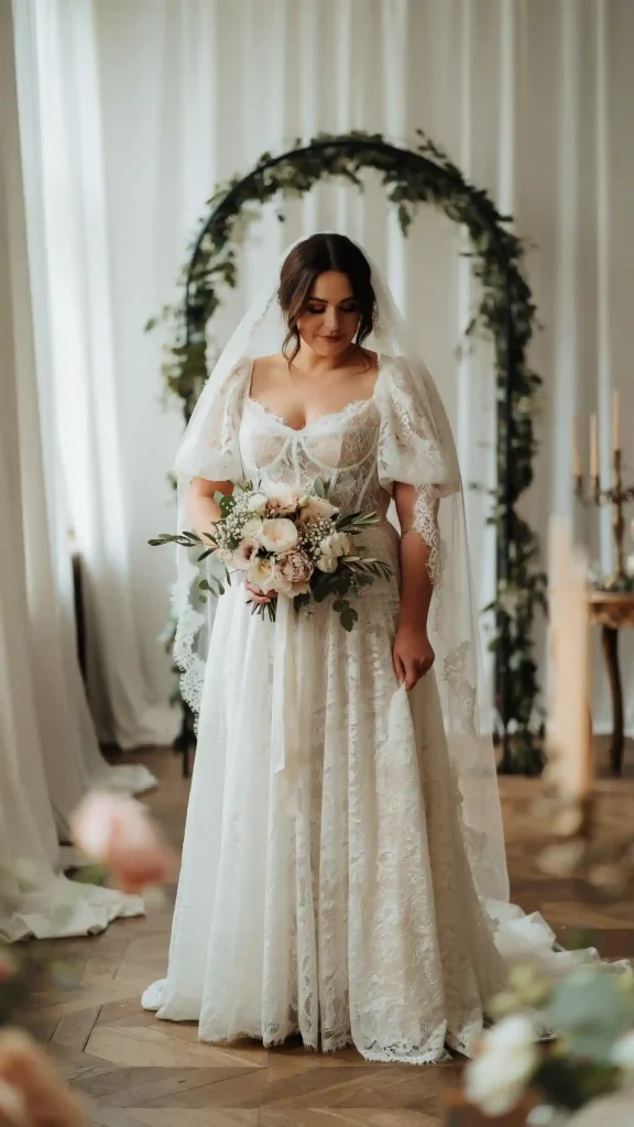 White-Vintage-Inspired-Puff-Sleeve-Lace-Gown White Vintage Inspired Puff Sleeve Lace Gown