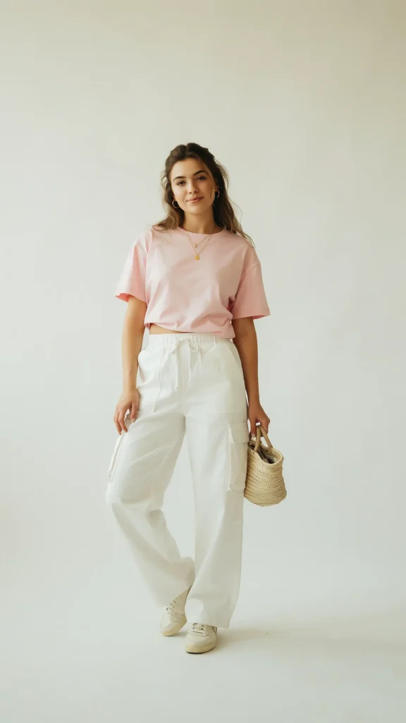 White-Wide-Leg-Cargo-Pants-With-Pastel-Pink-Crop-Tee White Wide Leg Cargo Pants With Pastel Pink Crop Tee