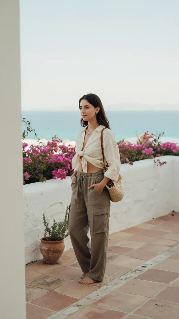 Wide-Leg-Cargo-Pants-With-Linen-Tie-Front-Crop-Top Wide Leg Cargo Pants With Linen Tie Front Crop Top