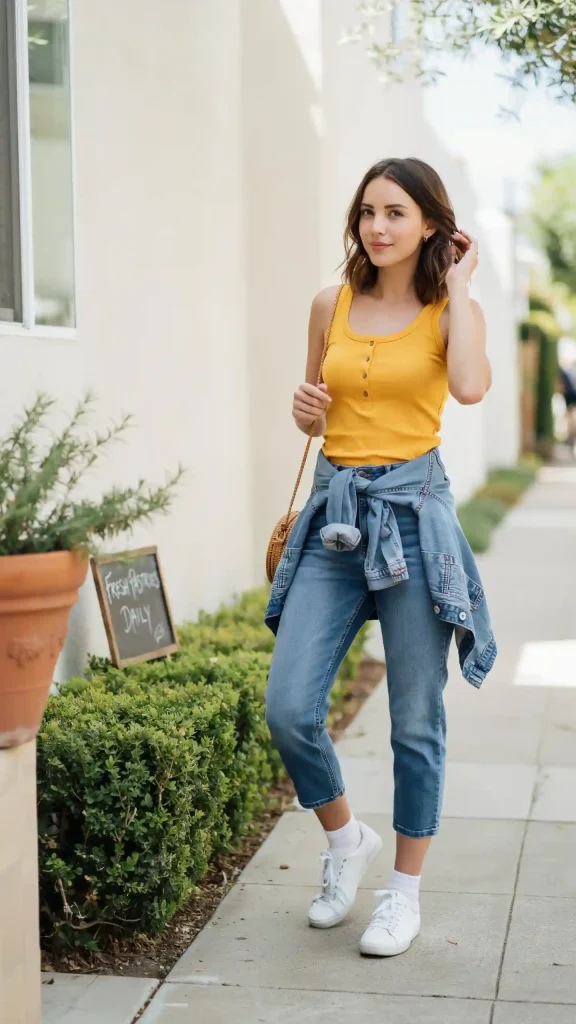 Yellow-Button-Tank-Top-with-Denim-Culottes-Summer-Outfit Yellow Button Tank Top with Denim Culottes Summer Outfit
