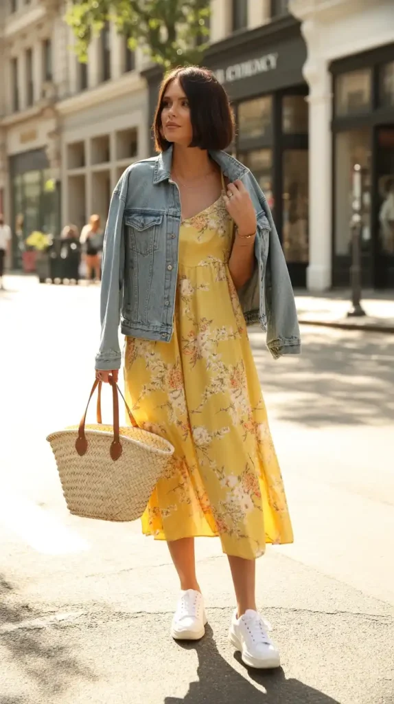 Yellow-Floral-Sundress-With-Oversized-Denim-Jacket Yellow Floral Sundress With Oversized Denim Jacket