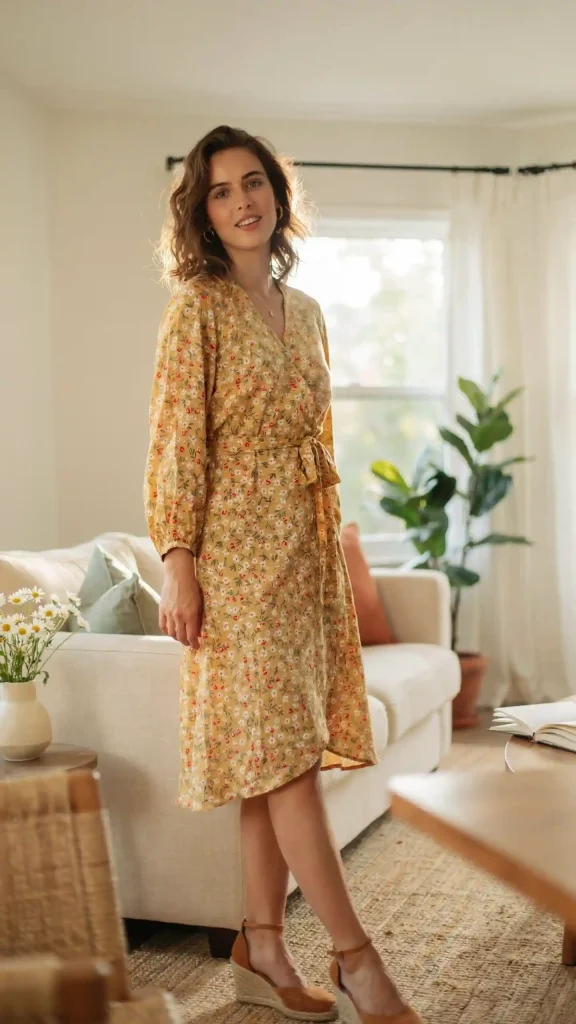 Yellow-Floral-Wrap-Dress-with-Wedge-Heels-Summer-Vibe-Outfit Yellow Floral Wrap Dress with Wedge Heels Summer Vibe Outfit