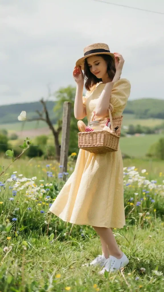 Yellow-Gingham-Tea-Length-Dress-With-Straw-Hat Yellow Gingham Tea-Length Dress With Straw Hat