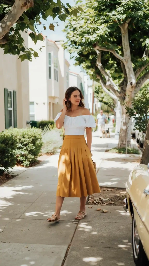 Yellow-Midi-Skirt-With-A-White-Off-Shoulder-Top Yellow Midi Skirt With A White Off-Shoulder Top