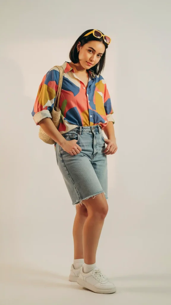 Abstract-print-shirt-with-light-jorts-bold-summer-outfit Abstract print shirt with light jorts bold summer outfit