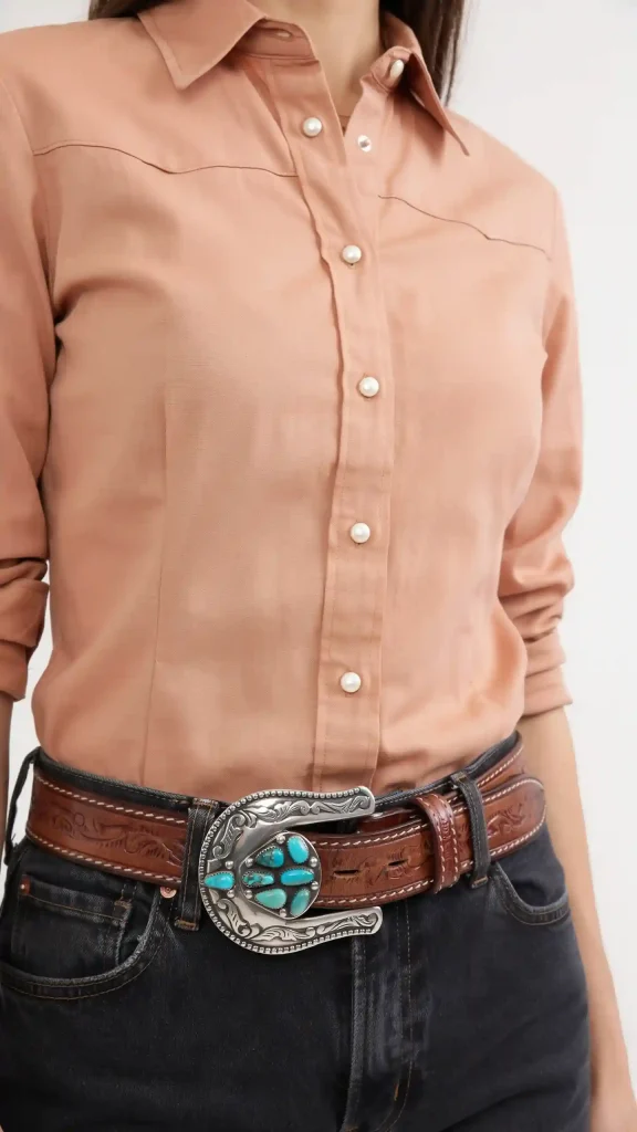 Apricot-Button-Down-Shirt-With-Western-Belt-Style Apricot Button Down Shirt With Western Belt Style