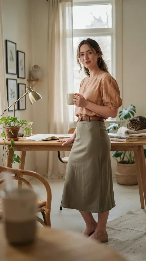 Apricot-Puff-Sleeve-Blouse-with-Olive-Green-Midi-Skirt Apricot Puff Sleeve Blouse with Olive Green Midi Skirt