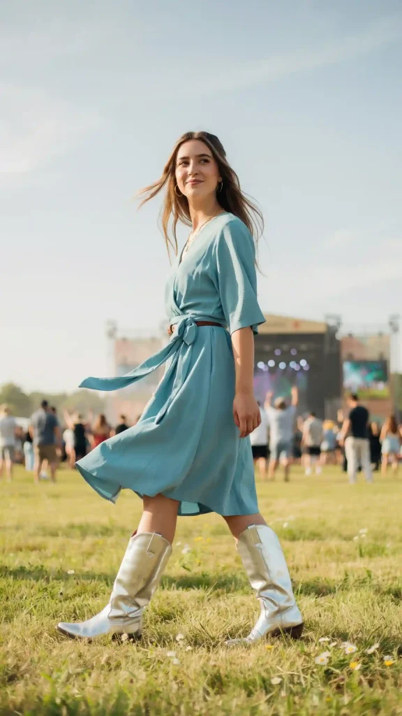 Aquamarine-Wrap-Dress-with-Silver-Cowboy-Boots Aquamarine Wrap Dress with Silver Cowboy Boots