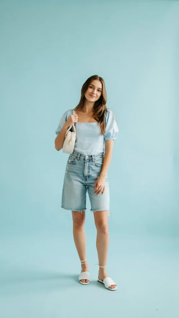 Baby-blue-puff-sleeve-top-with-jorts-cute-summer-outfit Baby blue puff sleeve top with jorts cute summer outfit