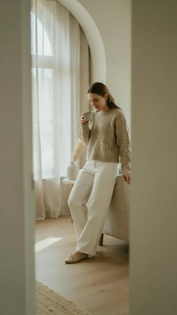 Beige-Knit-Sweater-with-White-Wide-Leg-Trousers-Ensemble Beige Knit Sweater with White Wide Leg Trousers Ensemble